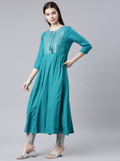 Neerus Green Straight Casual Solid Anarkali Kurtas