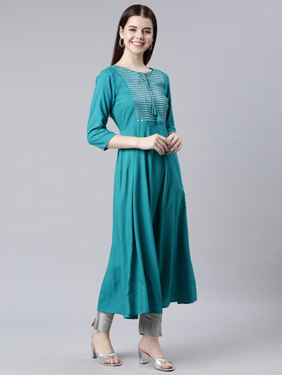 Neerus Green Straight Casual Solid Anarkali Kurtas