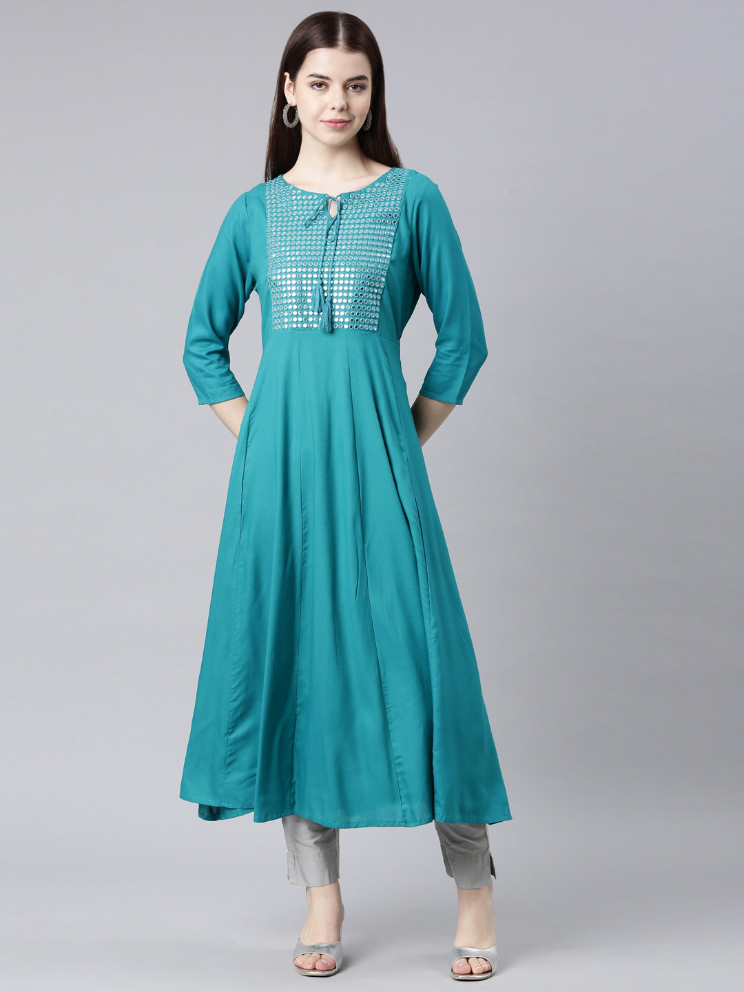 Neerus Green Straight Casual Solid Anarkali Kurtas