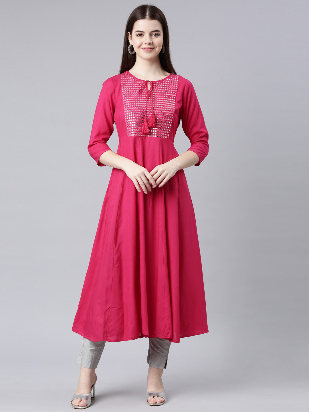 Neerus Red Straight Casual Solid Anarkali Kurtas