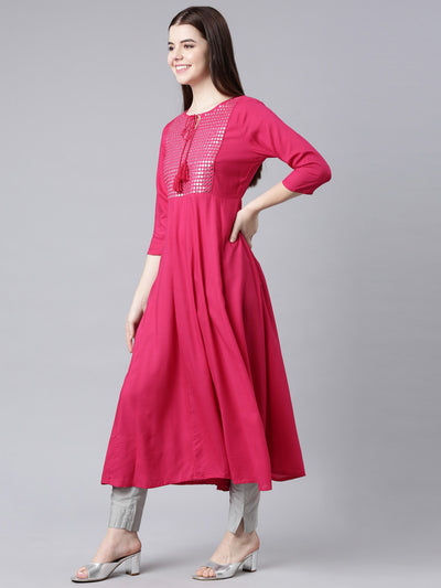 Neerus Red Straight Casual Solid Anarkali Kurtas