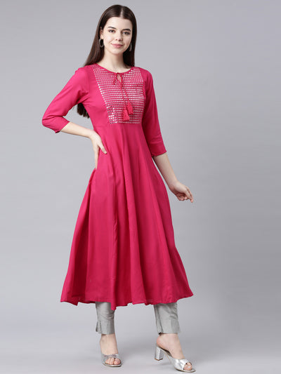 Neerus Red Straight Casual Solid Anarkali Kurtas