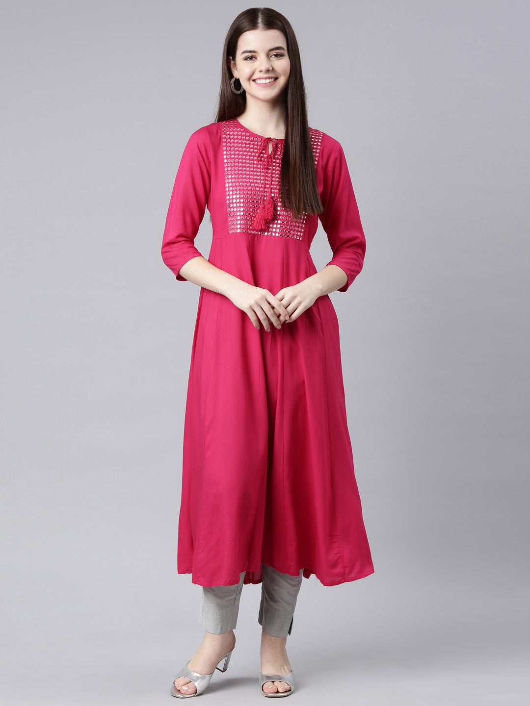 Neerus Red Straight Casual Solid Anarkali Kurtas