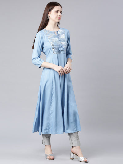 Neerus Blue Straight Casual Solid Anarkali Kurtas