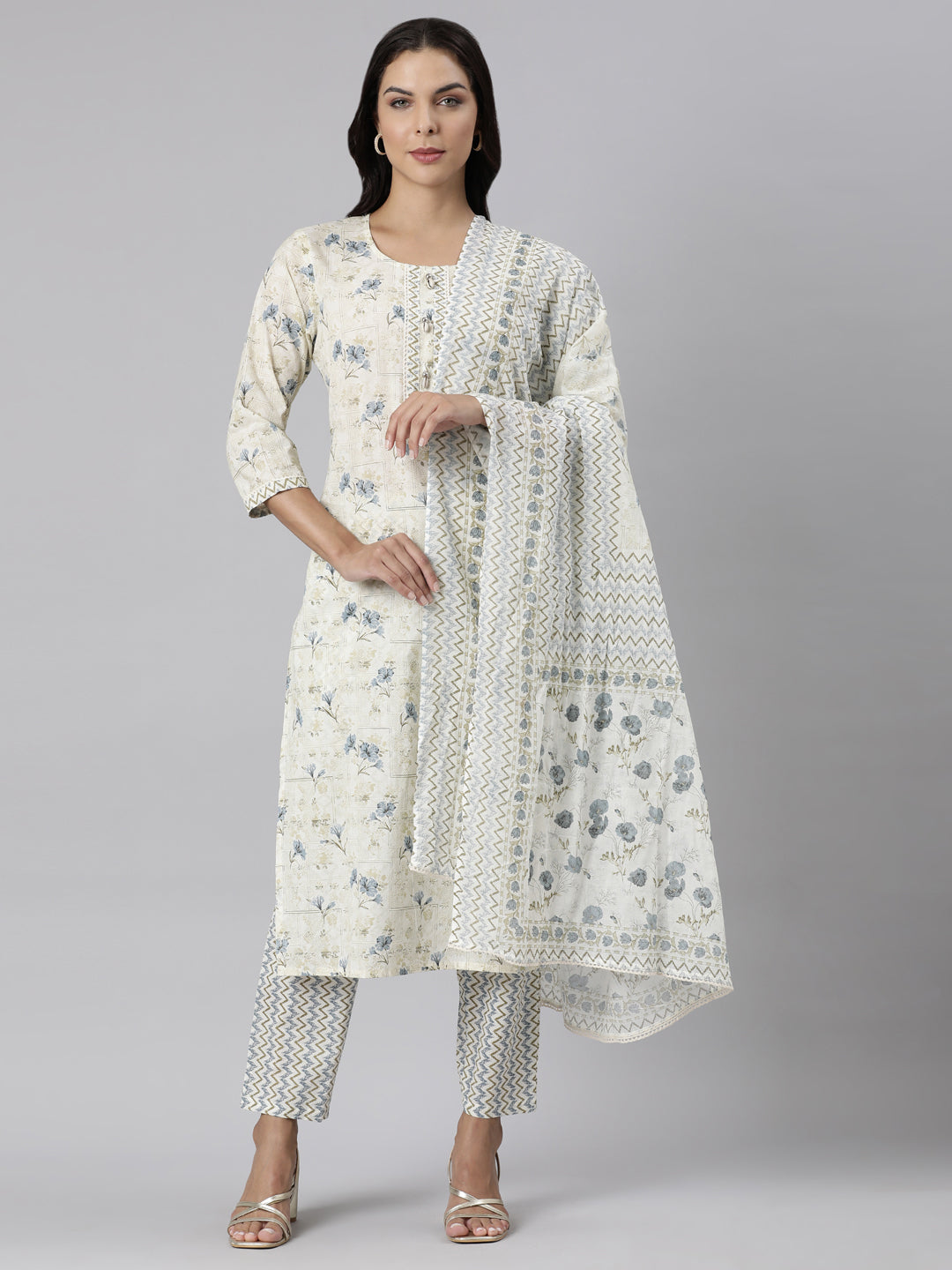 Neerus Off White Panelled Straight Printed Kurta And Trousers With Dupatta