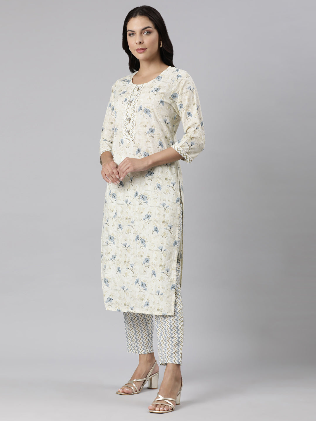 Neerus Off White Panelled Straight Printed Kurta And Trousers With Dupatta