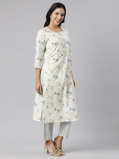 Neerus Off White Panelled Straight Printed Kurta And Trousers With Dupatta