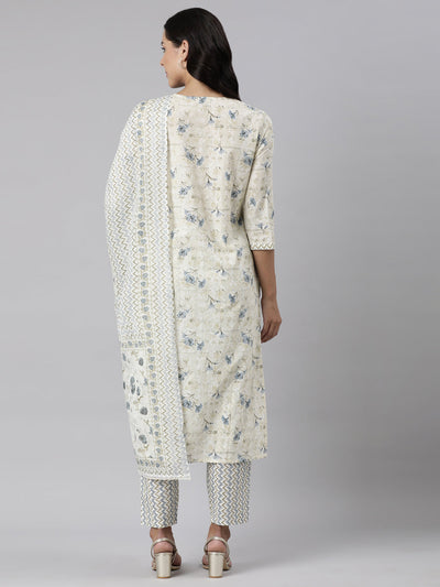 Neerus Off White Panelled Straight Printed Kurta And Trousers With Dupatta