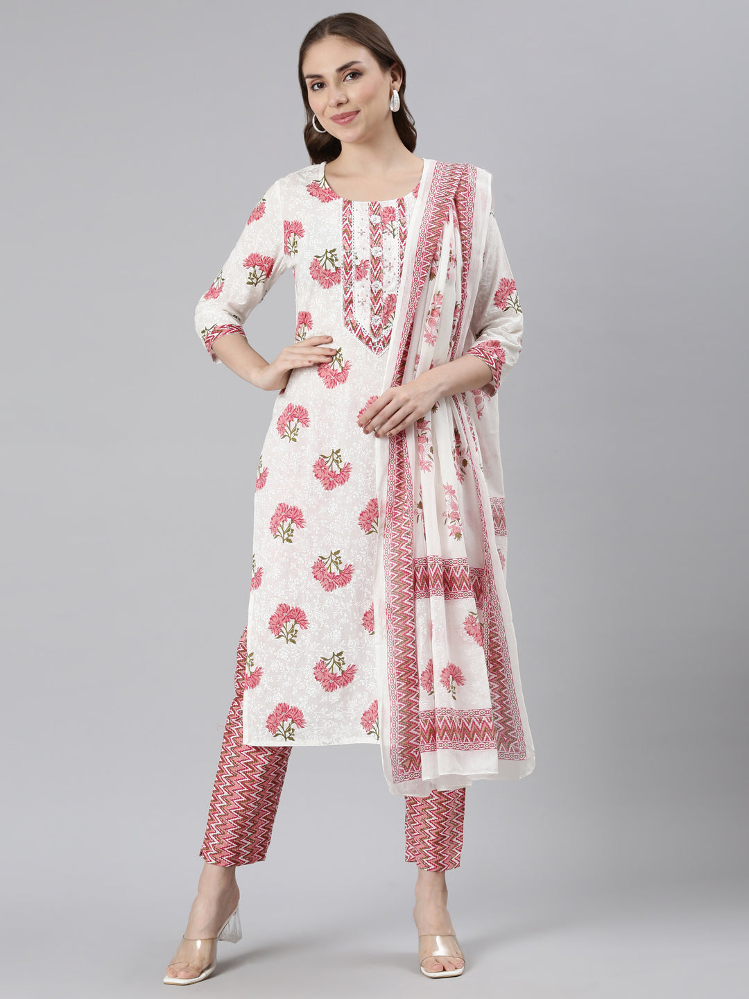 Neerus Pink Regular Straight Embroidered Kurta and Trousers