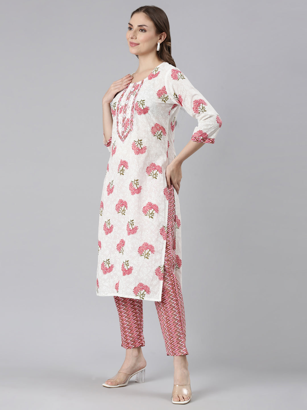 Neerus Pink Regular Straight Embroidered Kurta and Trousers