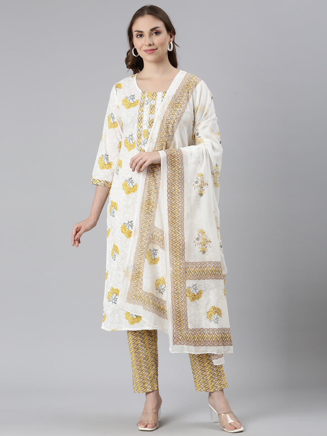 Neerus Yellow Regular Straight Embroidered Kurta and Trousers