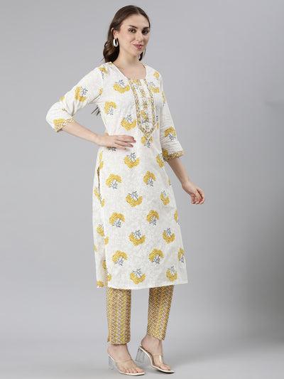 Neerus Yellow Regular Straight Embroidered Kurta and Trousers