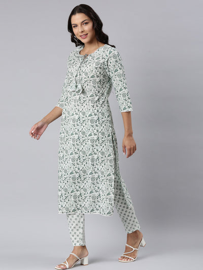 Neerus Green Panelled Straight Printed Kurta And Trousers With Dupatta