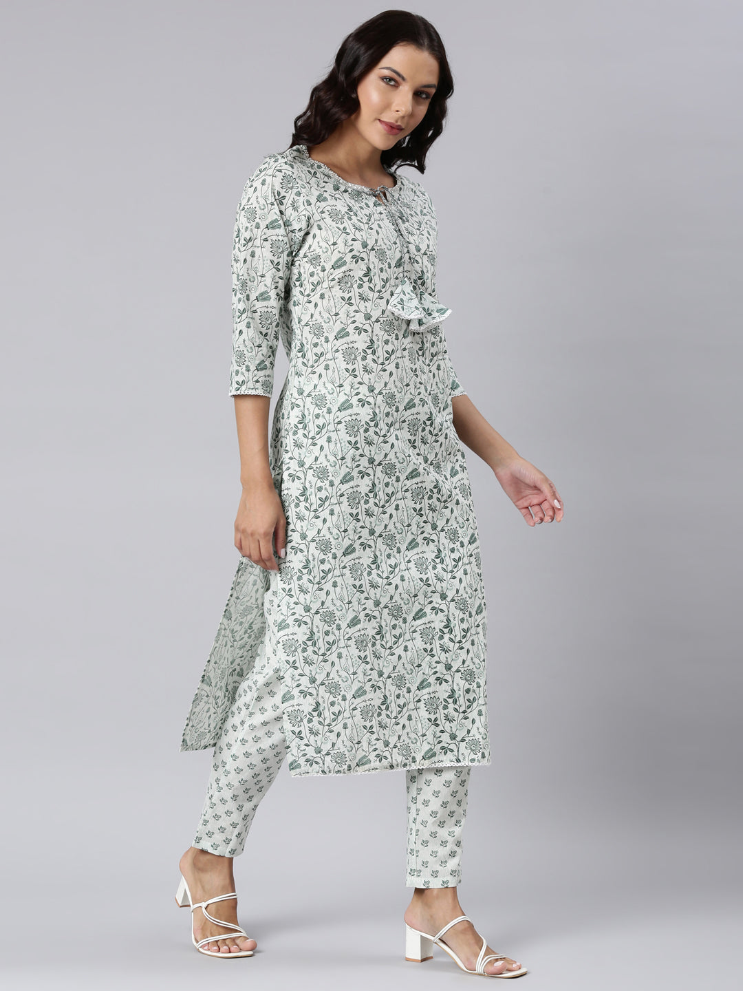 Neerus Green Panelled Straight Printed Kurta And Trousers With Dupatta