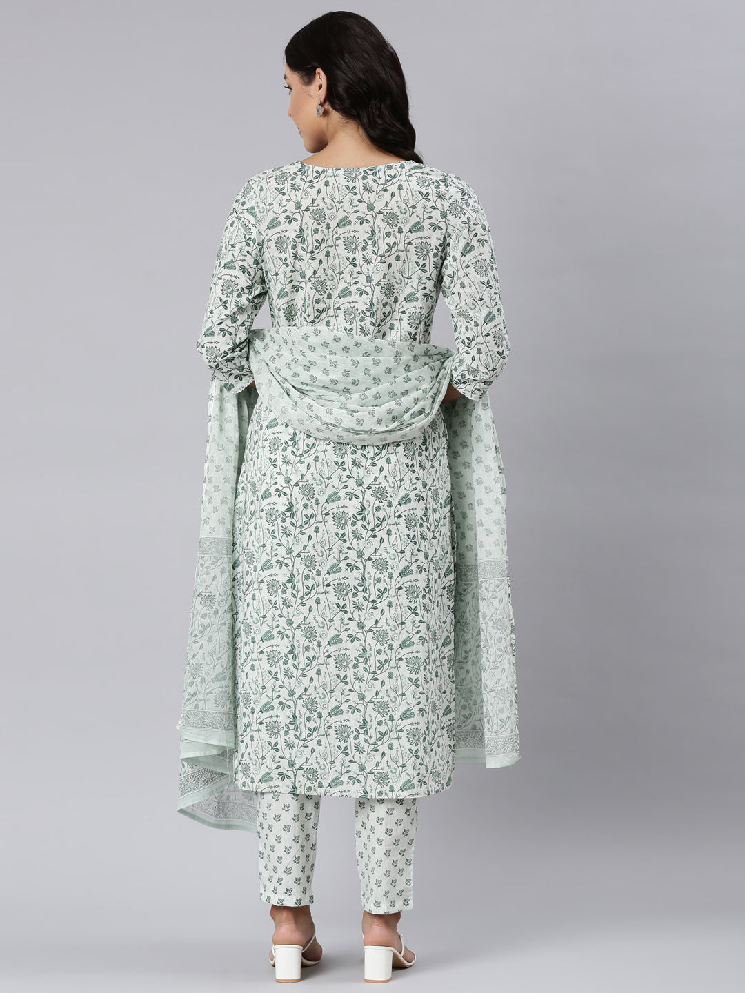 Neerus Green Panelled Straight Printed Kurta And Trousers With Dupatta