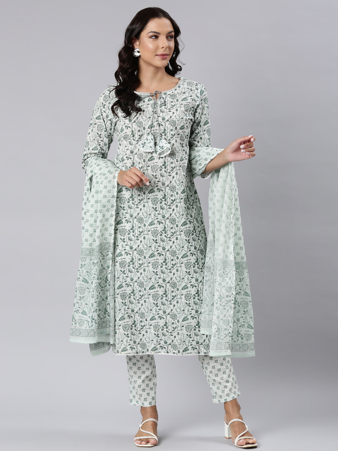 Neerus Green Panelled Straight Printed Kurta And Trousers With Dupatta