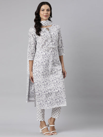 Neerus Grey Panelled Straight Printed Kurta And Trousers With Dupatta