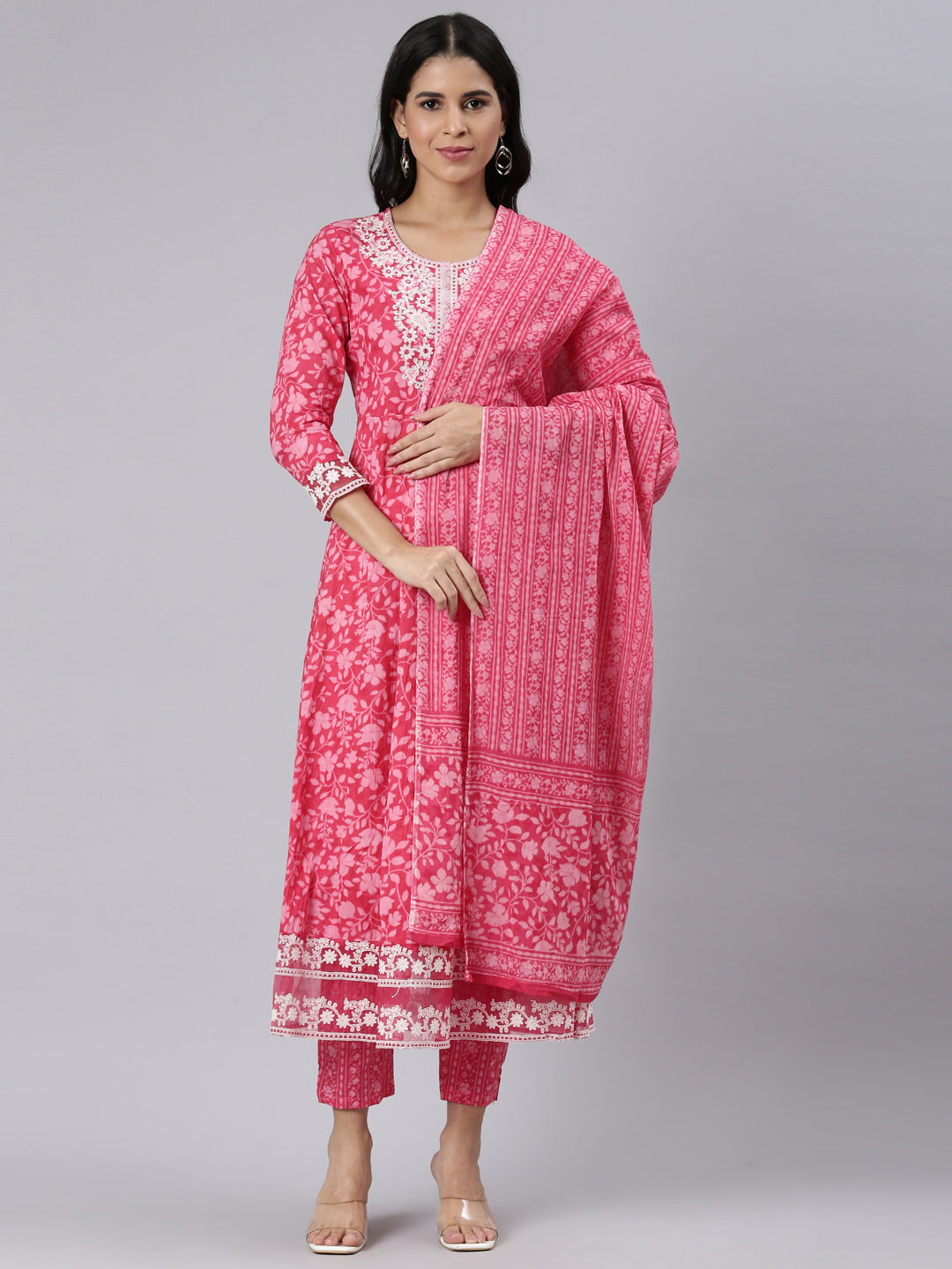 Neerus Red Panelled Straight Printed Kurta and Trousers With Dupatta