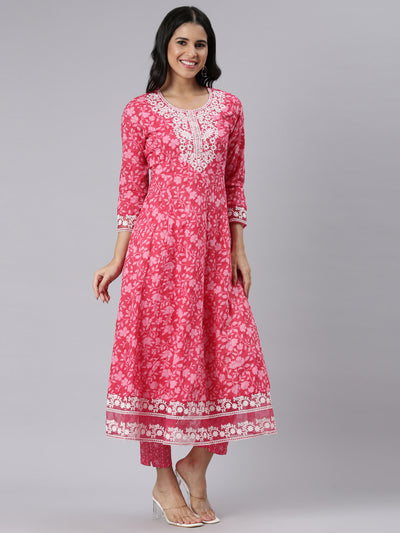 Neerus Red Panelled Straight Printed Kurta and Trousers With Dupatta