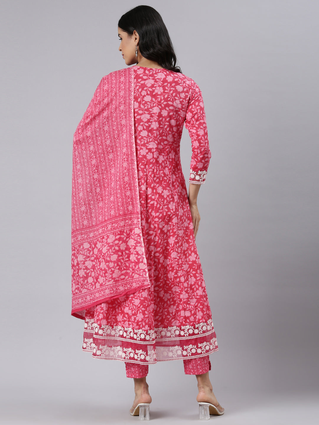 Neerus Red Panelled Straight Printed Kurta and Trousers With Dupatta