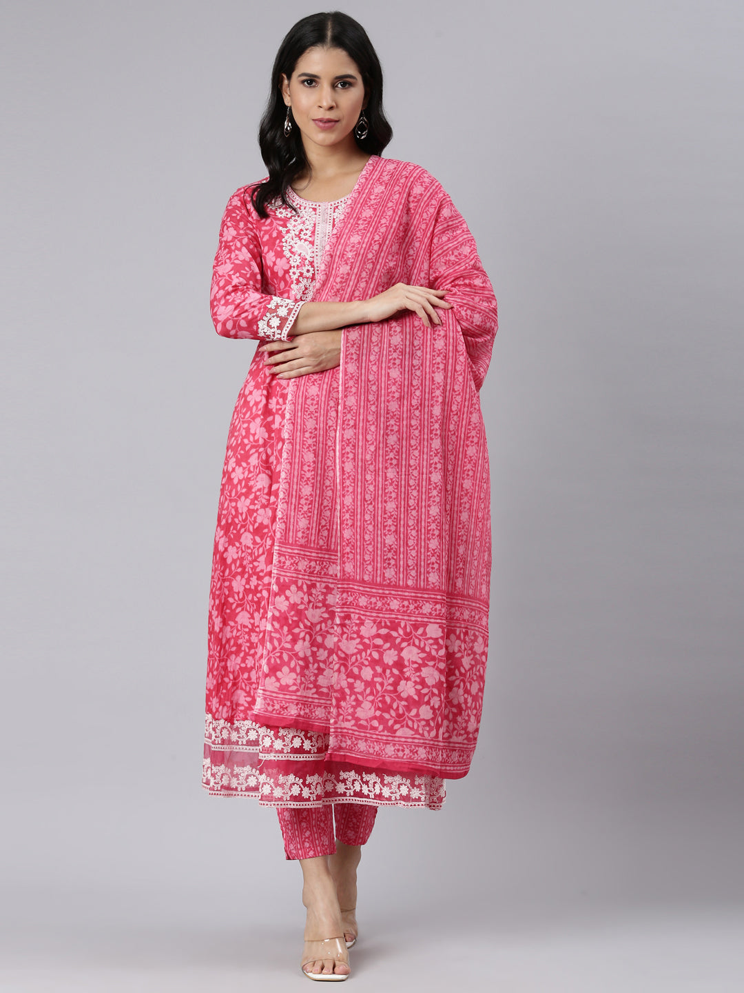 Neerus Red Panelled Straight Printed Kurta and Trousers With Dupatta