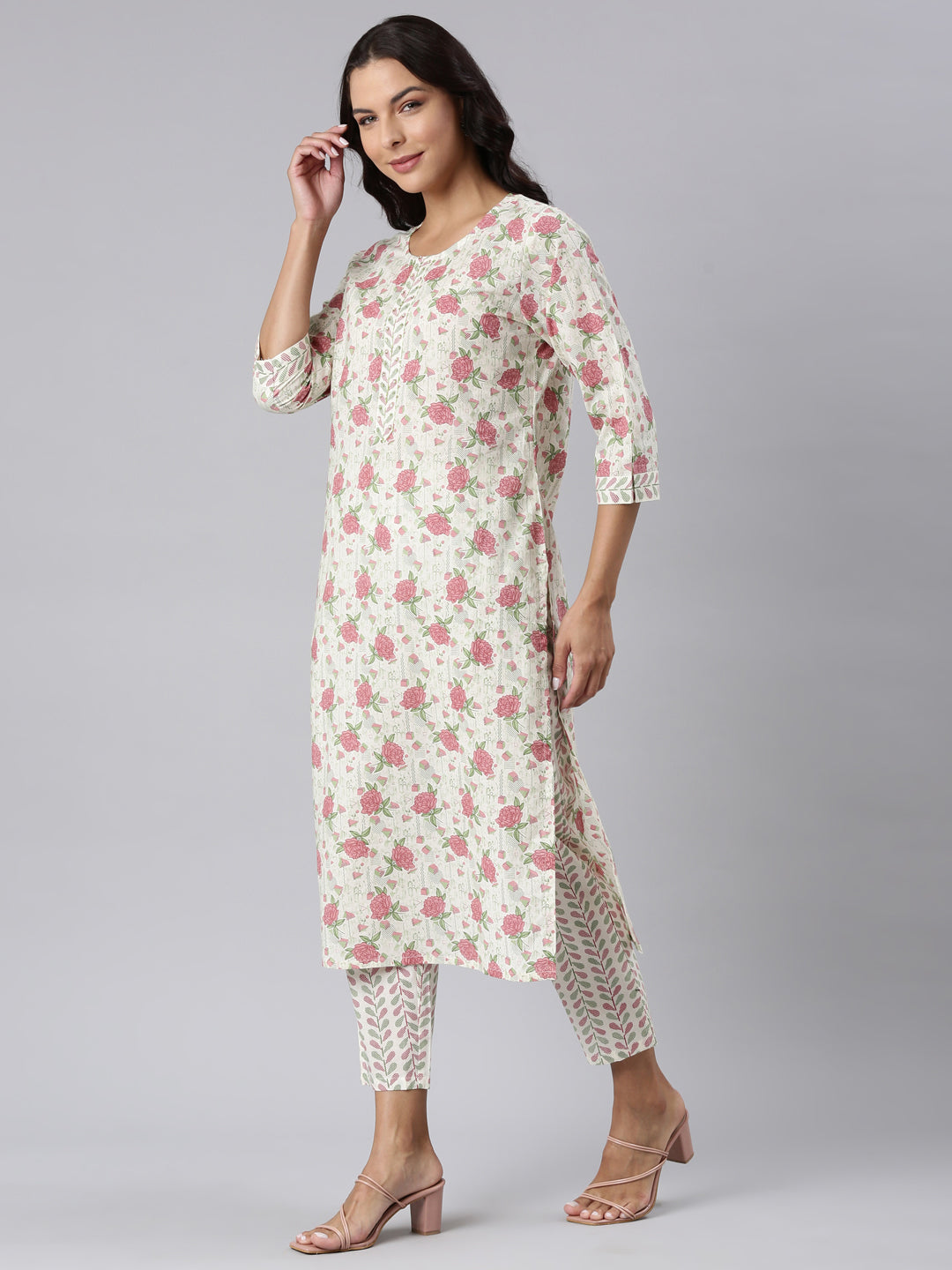 Neerus Pink Panelled Straight Printed Kurta And Trousers With Dupatta