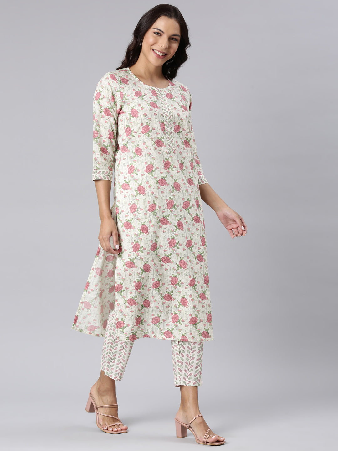 Neerus Pink Panelled Straight Printed Kurta And Trousers With Dupatta