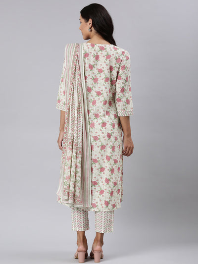 Neerus Pink Panelled Straight Printed Kurta And Trousers With Dupatta