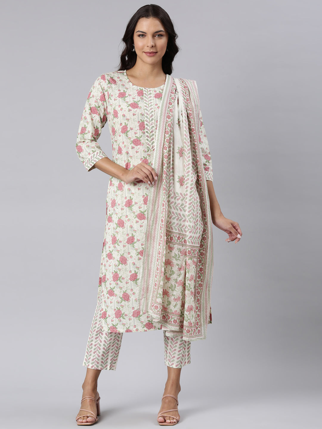 Neerus Pink Panelled Straight Printed Kurta And Trousers With Dupatta