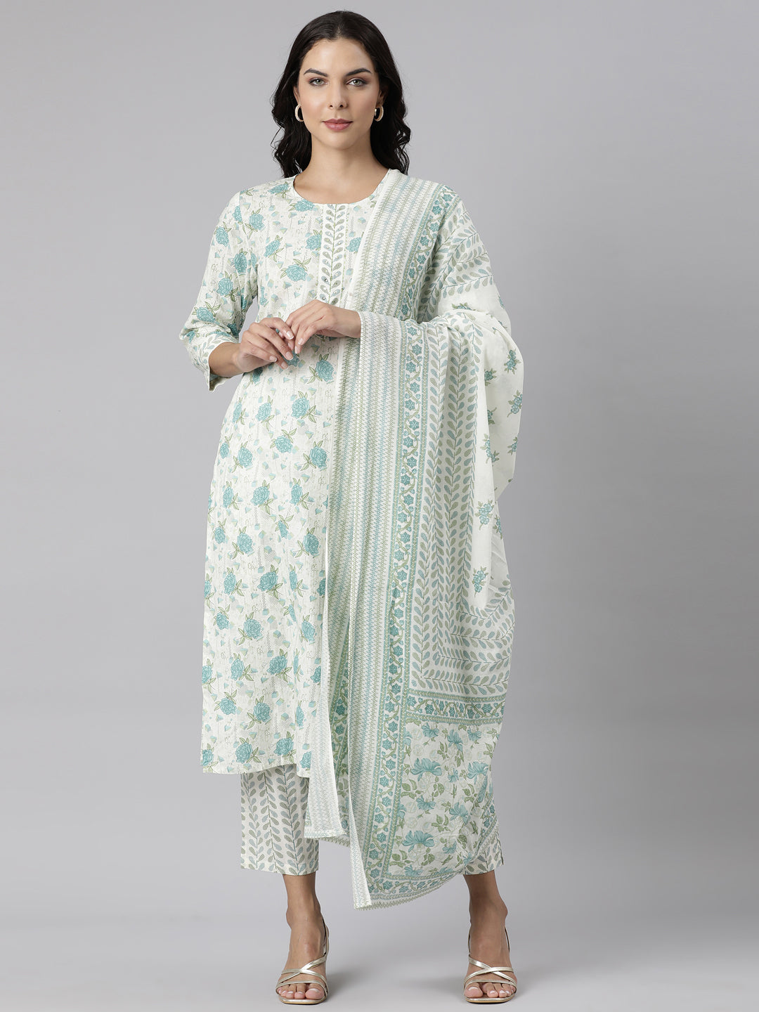 Neerus Blue Panelled Straight Printed Kurta And Trousers With Dupatta