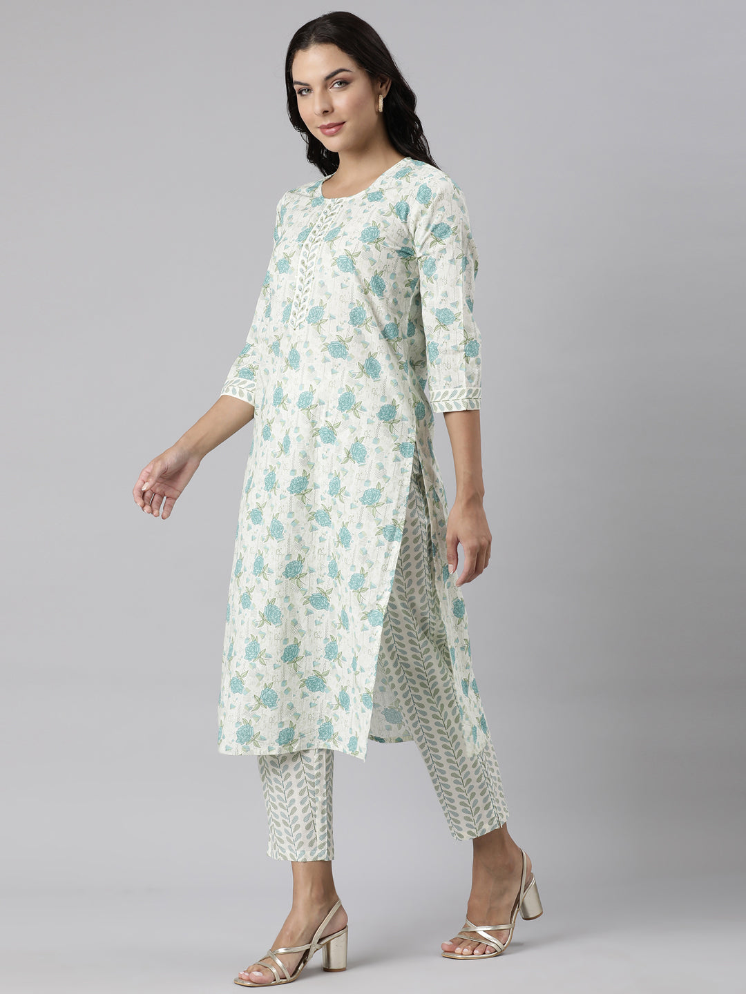 Neerus Blue Panelled Straight Printed Kurta And Trousers With Dupatta