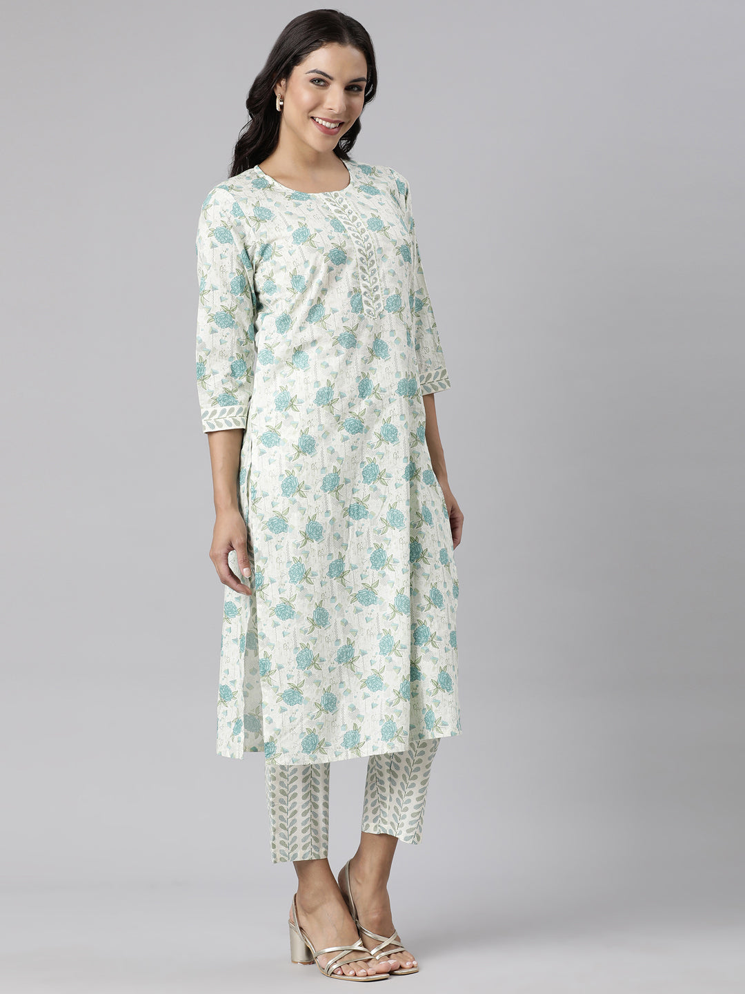 Neerus Blue Panelled Straight Printed Kurta And Trousers With Dupatta