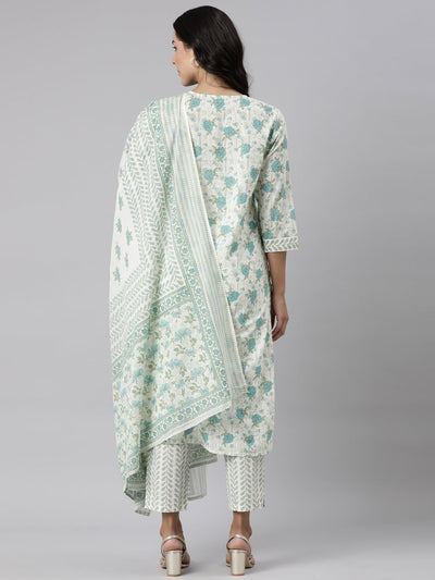 Neerus Blue Panelled Straight Printed Kurta And Trousers With Dupatta