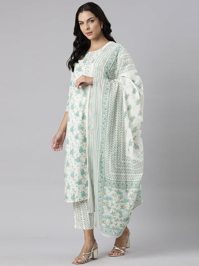 Neerus Blue Panelled Straight Printed Kurta And Trousers With Dupatta