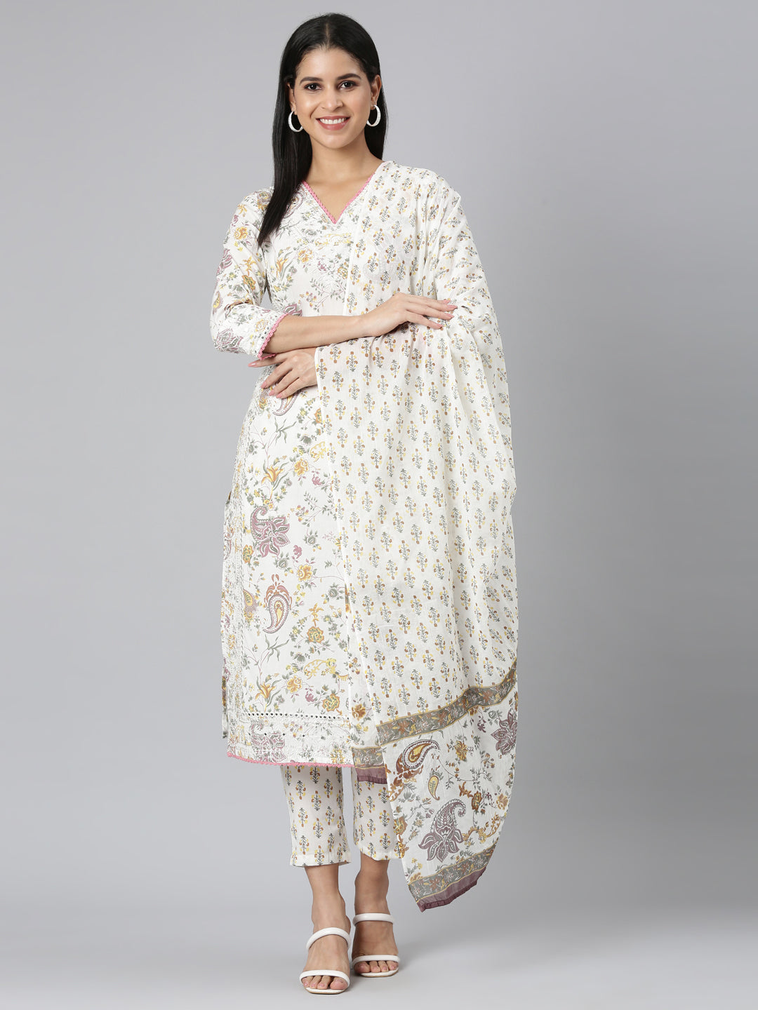 Neerus Yellow Regular Straight Printed Kurta and Trousers With Dupatta