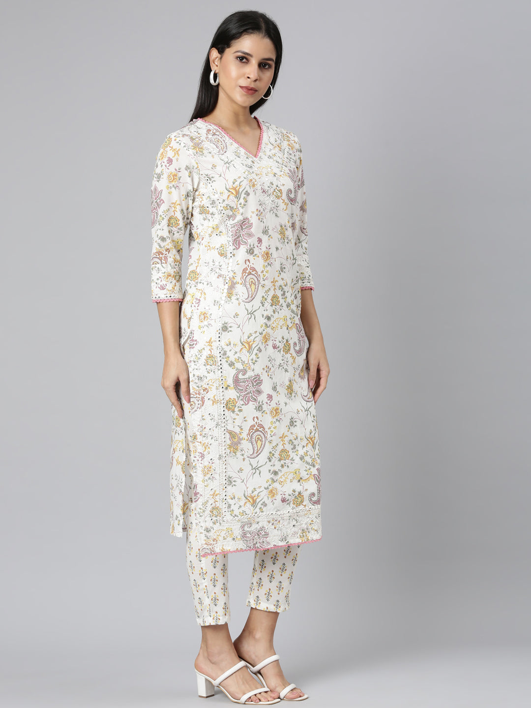 Neerus Yellow Regular Straight Printed Kurta and Trousers With Dupatta