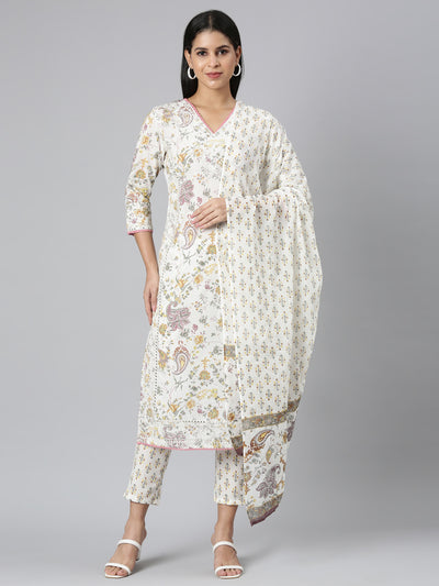 Neerus Yellow Regular Straight Printed Kurta and Trousers With Dupatta