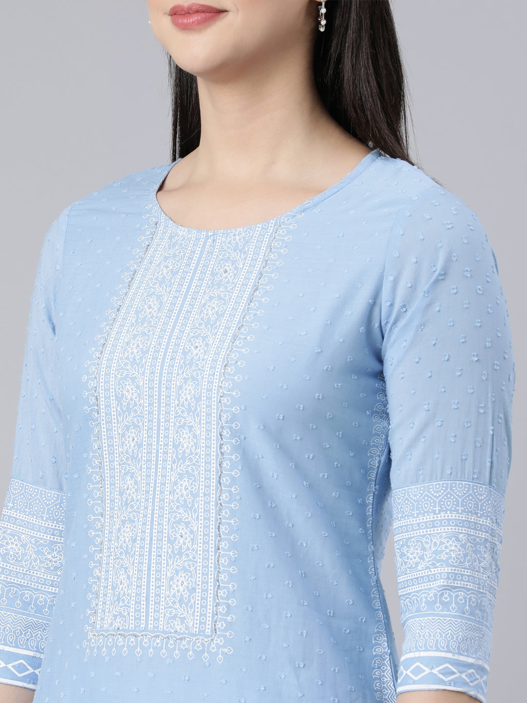 Neerus Blue Panelled Straight Printed Kurta And Trousers With Dupatta