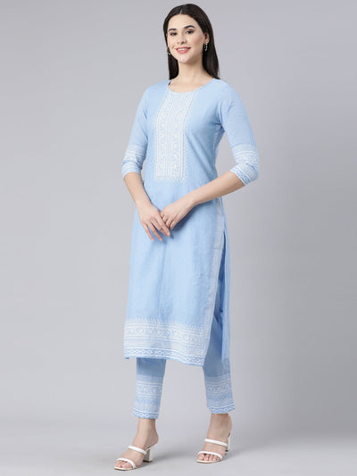 Neerus Blue Panelled Straight Printed Kurta And Trousers With Dupatta