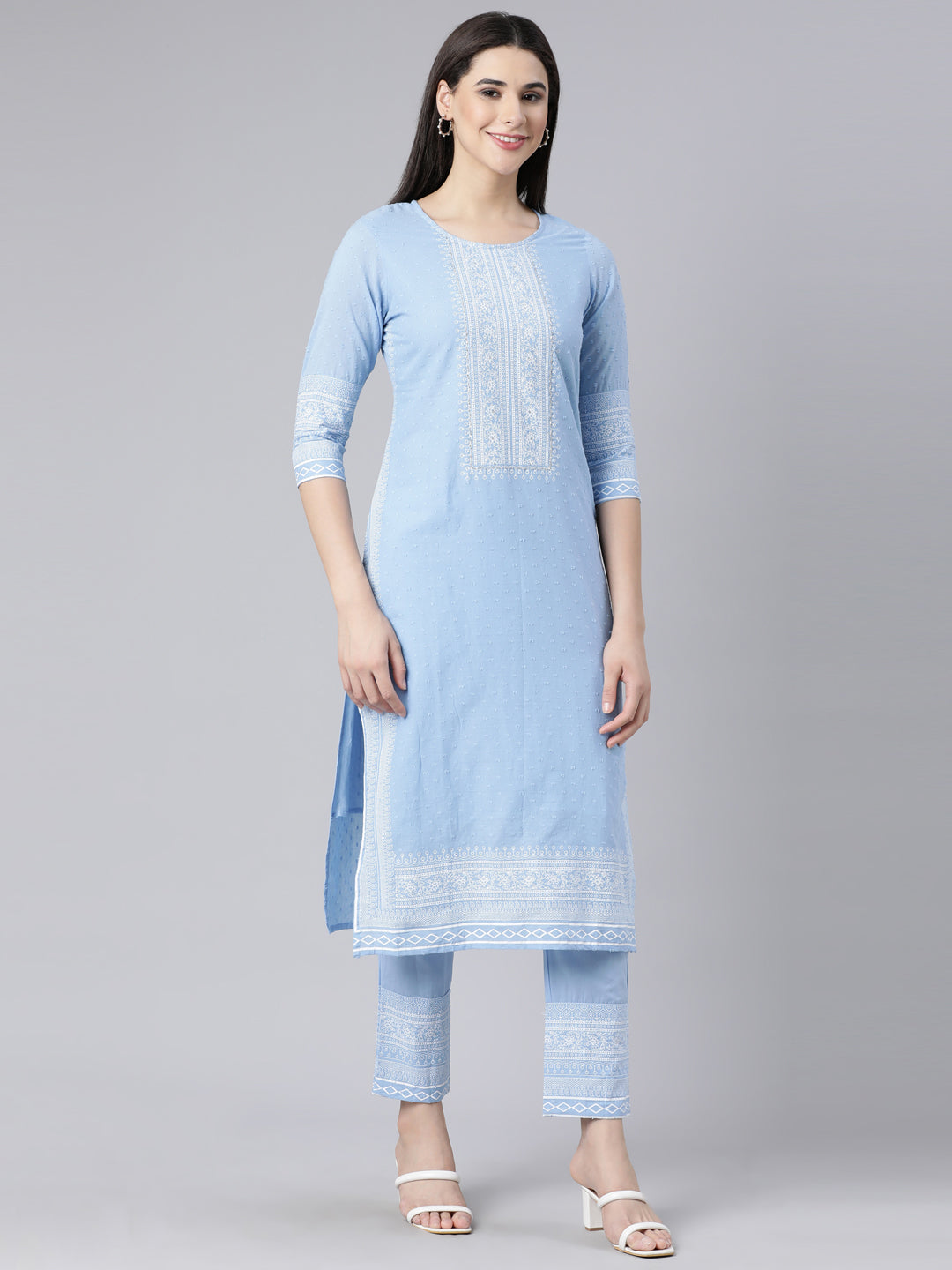 Neerus Blue Panelled Straight Printed Kurta And Trousers With Dupatta