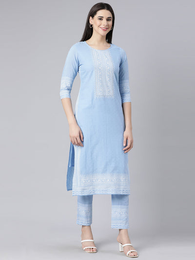 Neerus Blue Panelled Straight Printed Kurta And Trousers With Dupatta