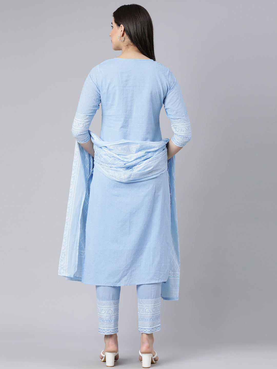 Neerus Blue Panelled Straight Printed Kurta And Trousers With Dupatta