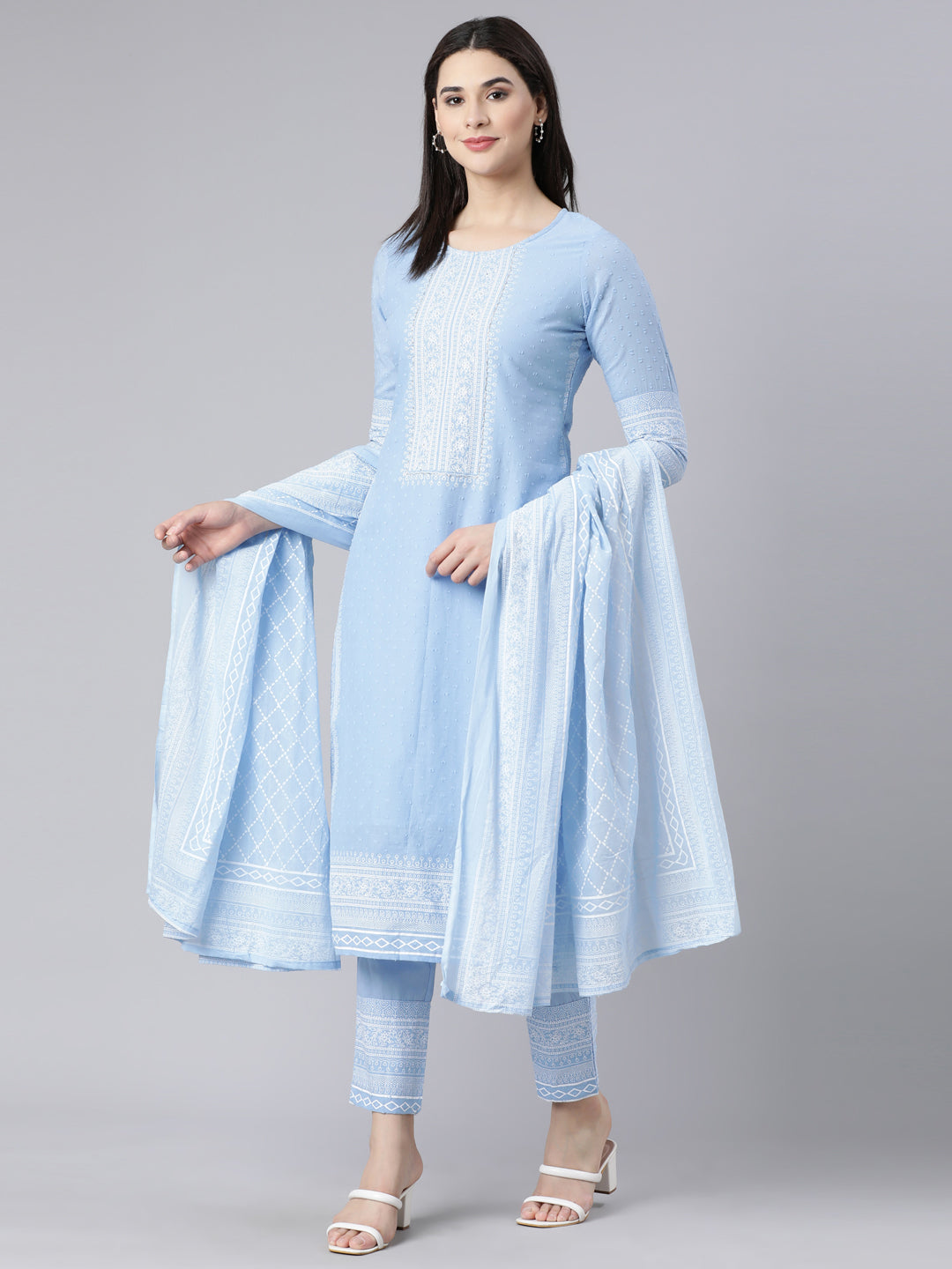 Neerus Blue Panelled Straight Printed Kurta And Trousers With Dupatta