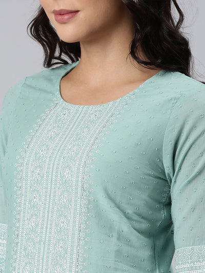 Neerus Green Panelled Straight Printed Kurta And Trousers With Dupatta