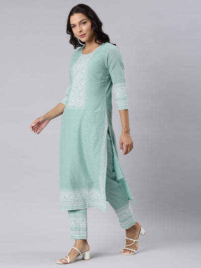 Neerus Green Panelled Straight Printed Kurta And Trousers With Dupatta