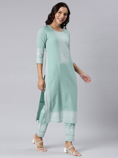 Neerus Green Panelled Straight Printed Kurta And Trousers With Dupatta