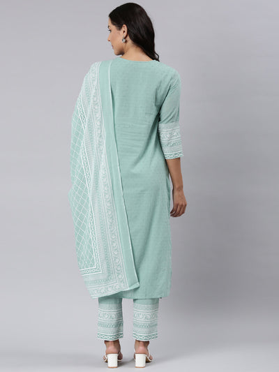 Neerus Green Panelled Straight Printed Kurta And Trousers With Dupatta