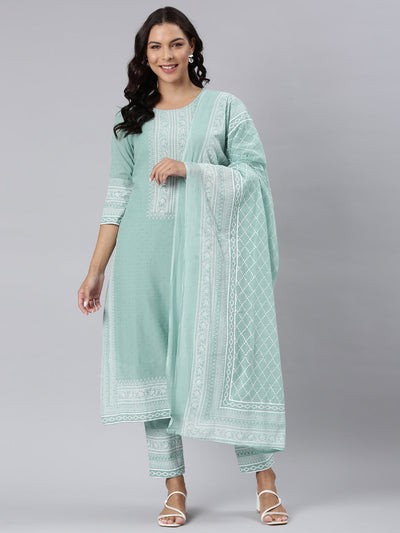 Neerus Green Panelled Straight Printed Kurta And Trousers With Dupatta