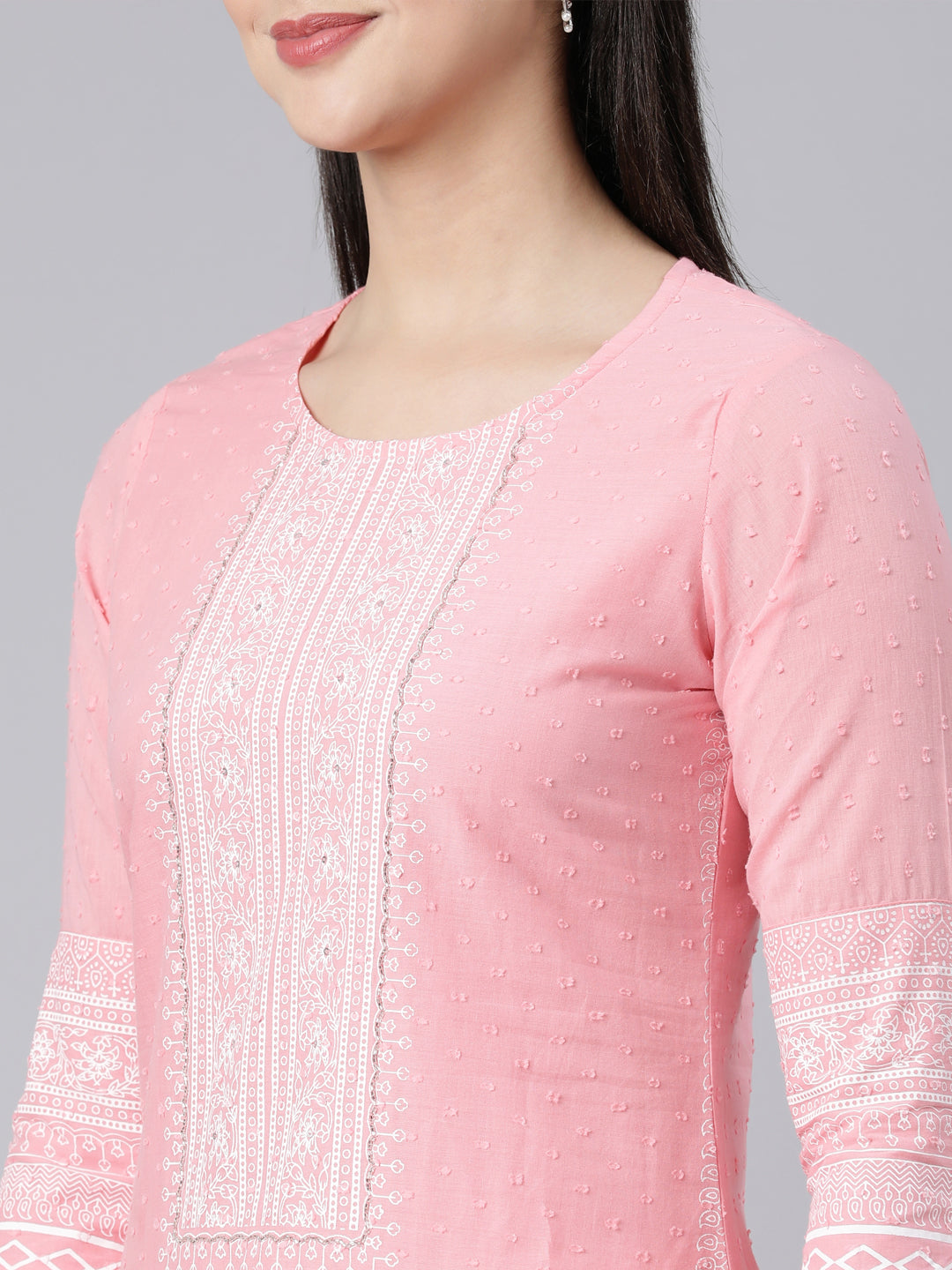 Neerus Pink Panelled Straight Printed Kurta And Trousers With Dupatta