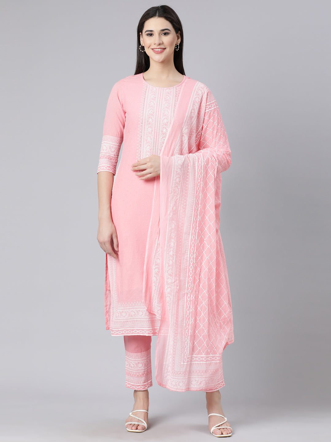 Neerus Pink Panelled Straight Printed Kurta And Trousers With Dupatta